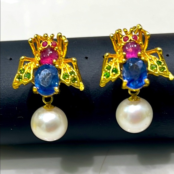 Jewelry - 1.5ct Sapphire 0.5ct Ruby Pearl Earrings